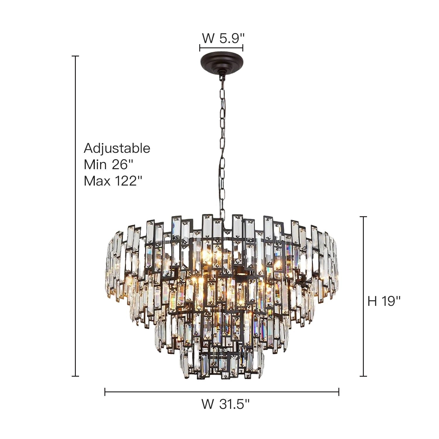 Metropolitan Geometric Crystal Chandelier (Size 2) — 31.5" width, 26" minimum height, 122" maximum height, adjustable chain length, ideal for medium-sized bedrooms or compact foyers | Carra Home