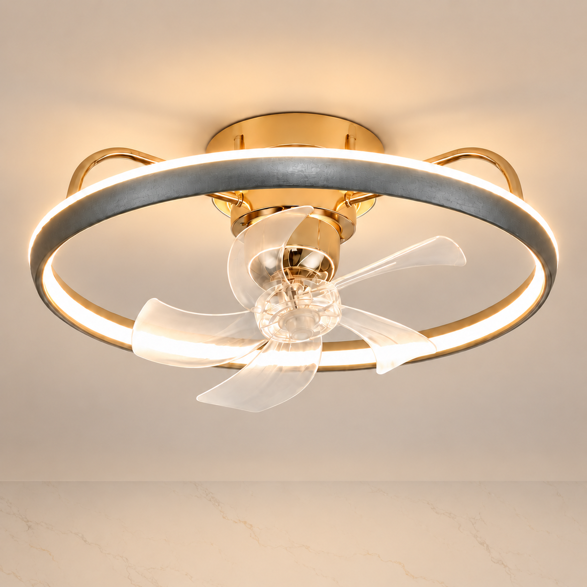 Circular Flush Mount Ceiling Fan illuminated