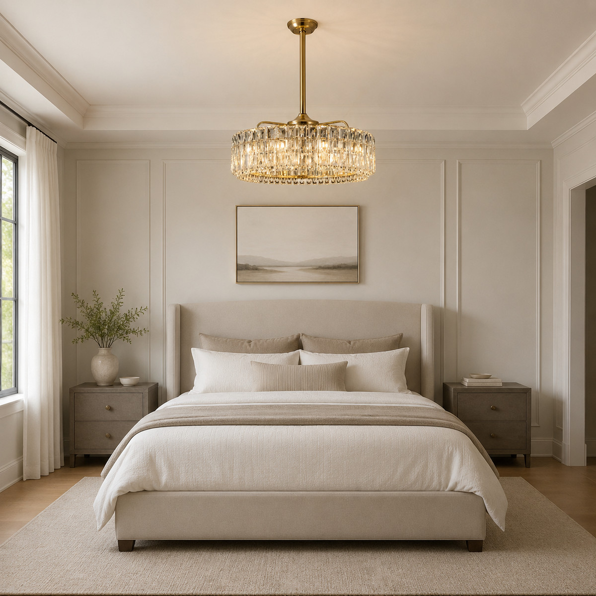 Modern Crystal Fan-Light Chandelier in gold in a bedroom