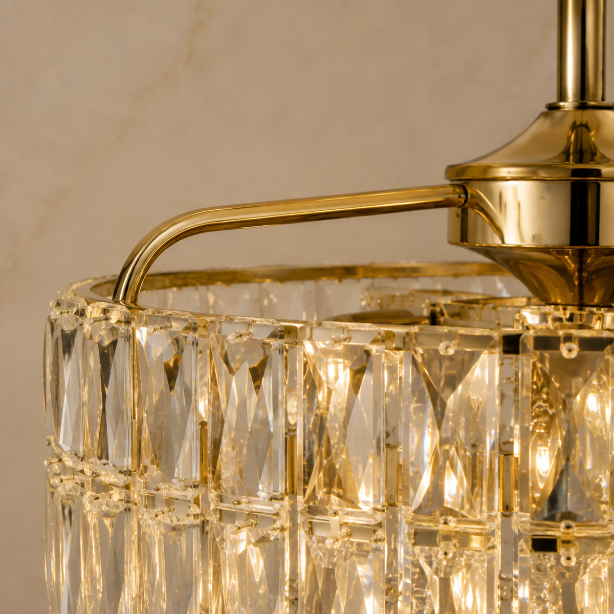 Modern Crystal Fan-Light Chandelier in gold body detail