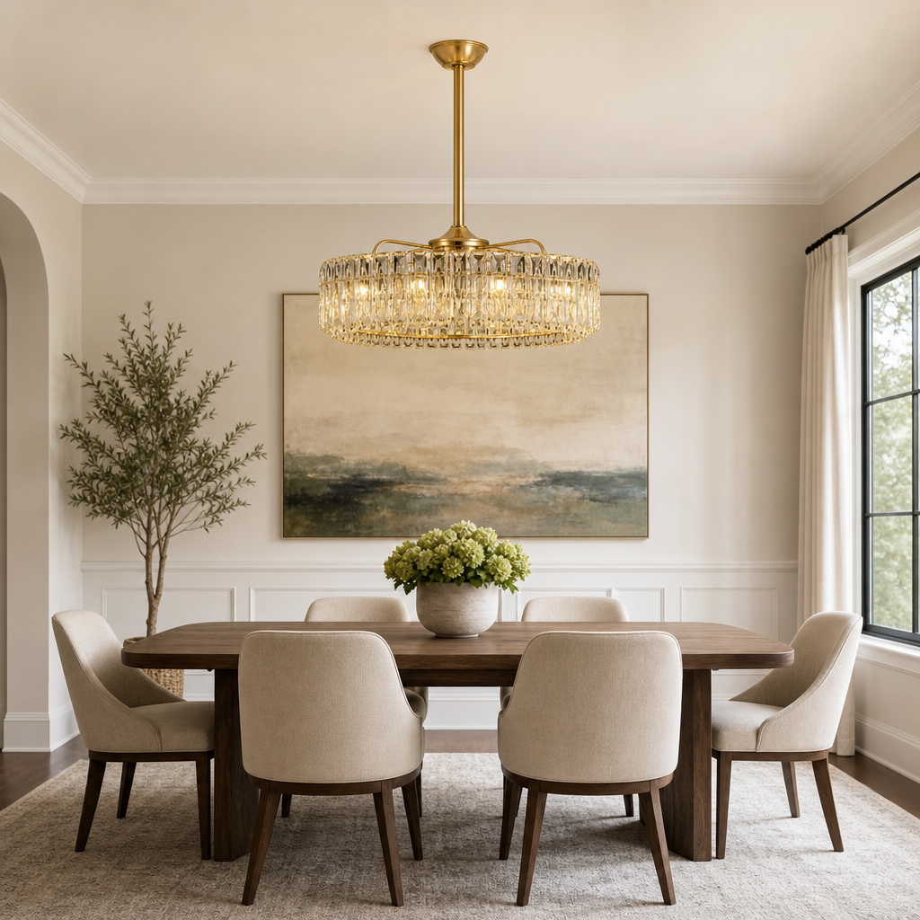 Modern Crystal Fan-Light Chandelier in gold in a dining room