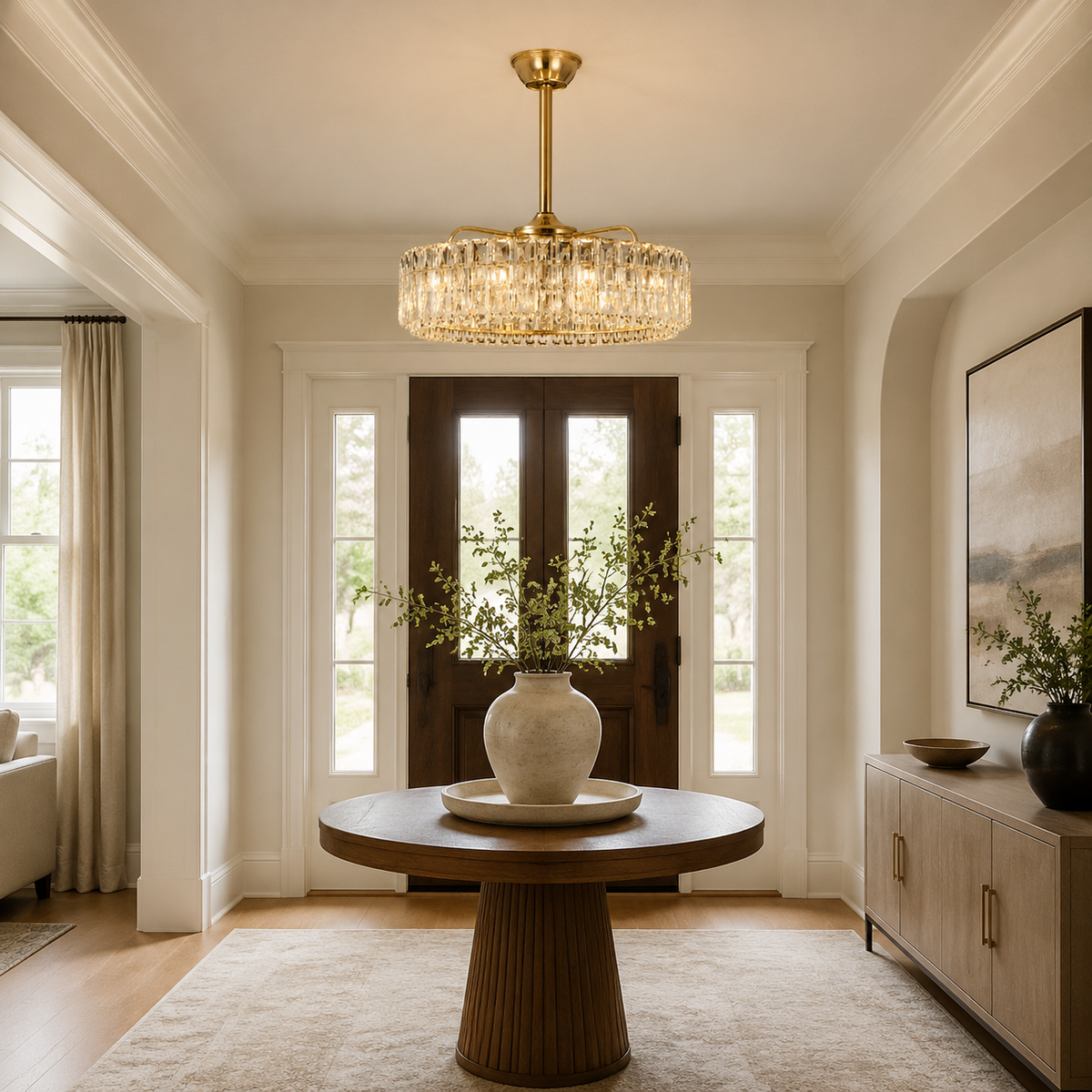 Modern Crystal Fan-Light Chandelier in gold in a foyer