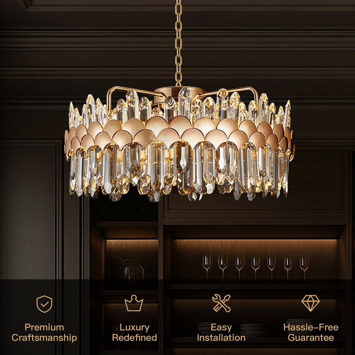 gold k9 crystal chandelier featuring premium craftsmanship luxury design easy installation and hassle free guarantee | Carra Home