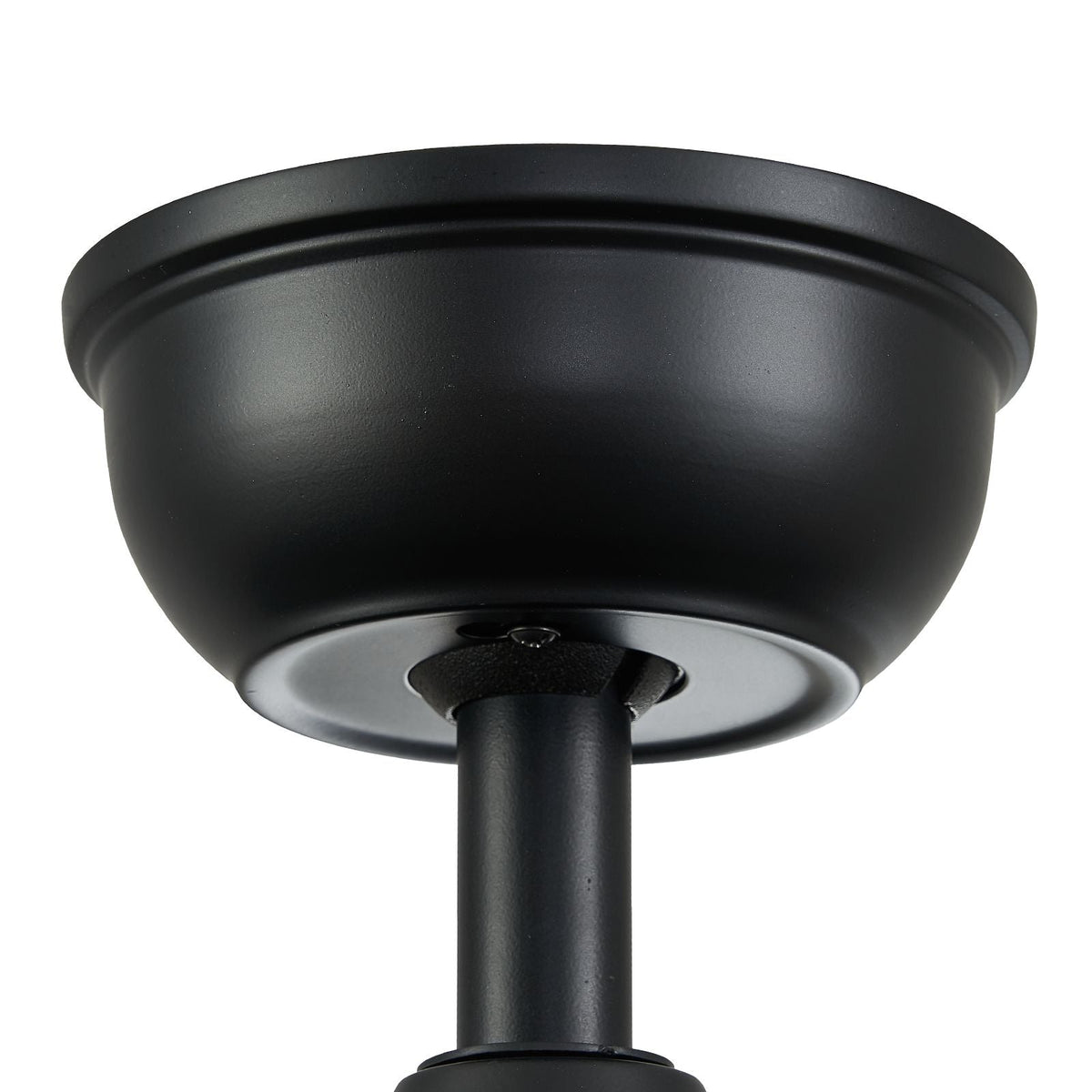 Close-up of ceiling fan canopy and downrod mount — matte black finish, flush mount style ceiling plate, sturdy hardware | CARRA HOME