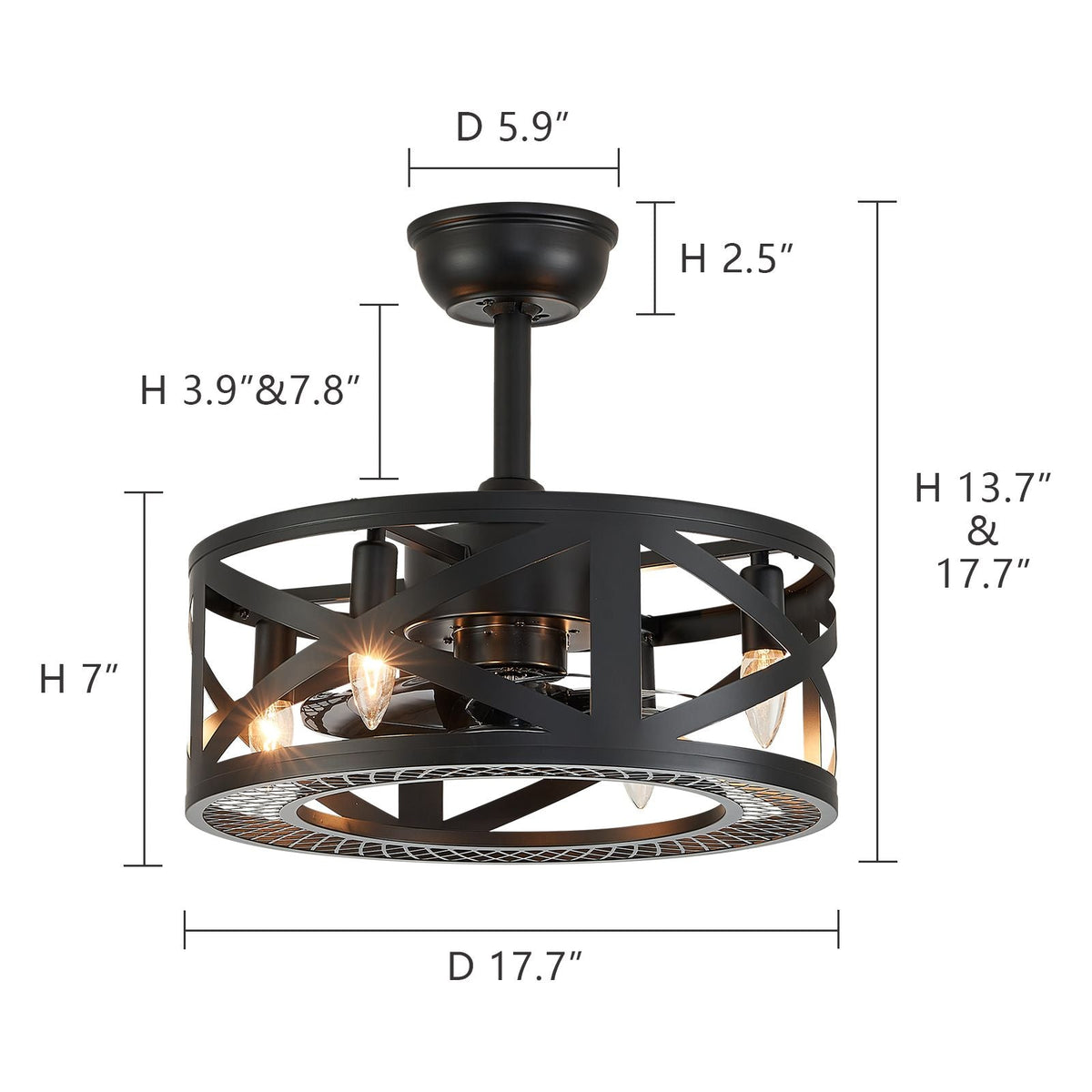 Modern Industrial Caged Ceiling Fan with Light dimensions — diameter 17.7", fan body height 7", canopy D 5.9" H 2.5", overall height 13.7" & 17.7" with downrod options H 3.9" & 7.8", matte black caged design specs | CARRA HOME