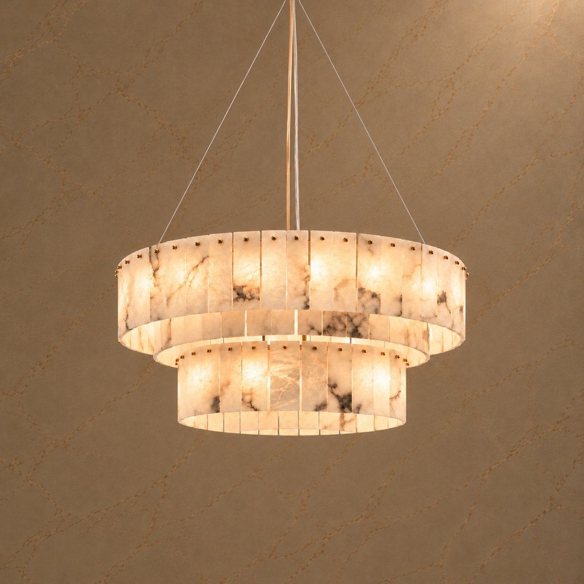 Modern Marble Alabaster 2-Tier Chandelier gold 120 80cm light on | CARRA HOME