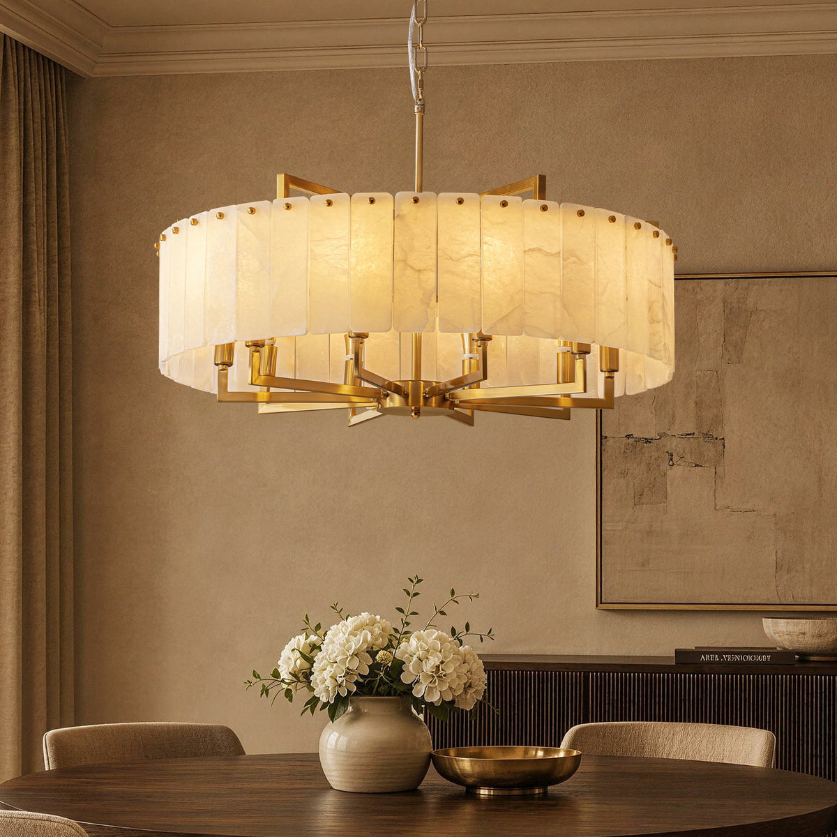 Elora Brass Alabaster Round Chandelier material and finish detail