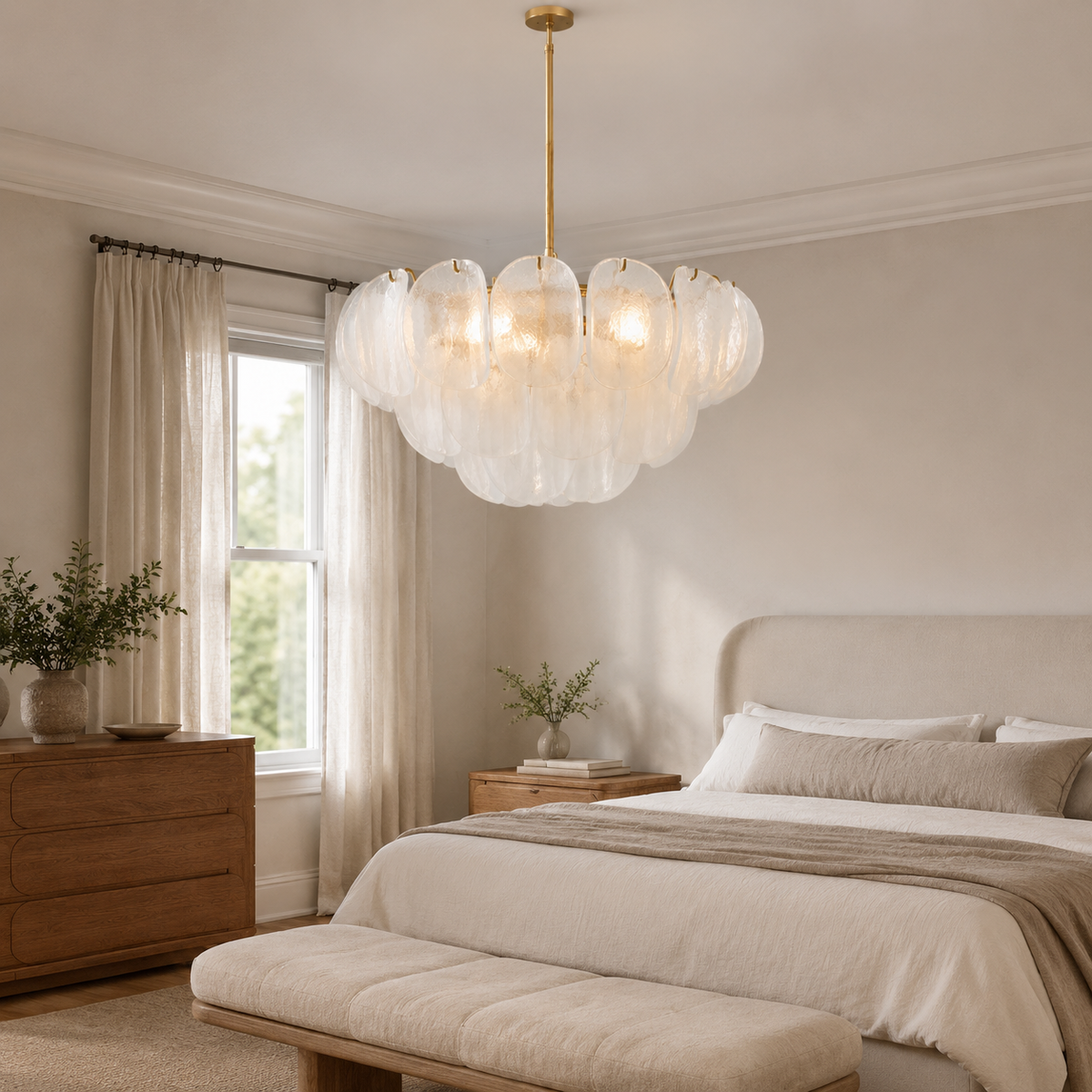 Murana Glass Petal Cluster Chandelier in gold in a bedroom