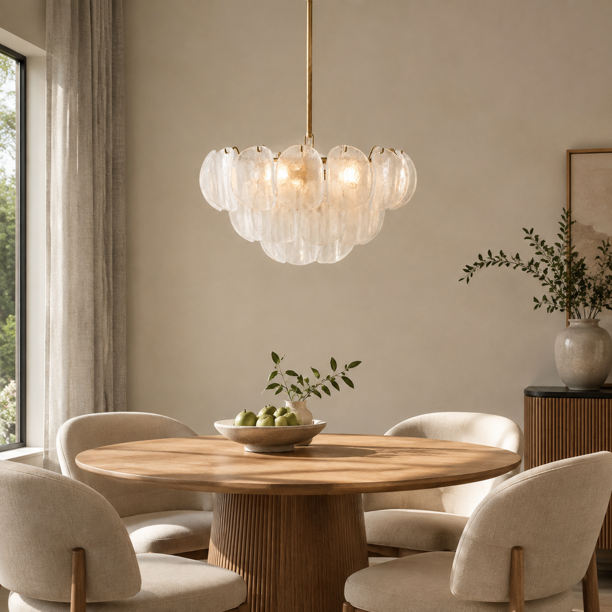 Murana Glass Petal Cluster Chandelier in gold in a dining room