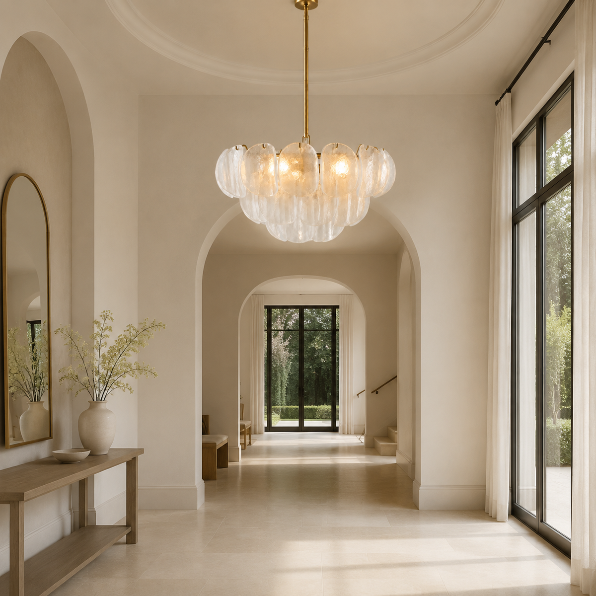 Murana Glass Petal Cluster Chandelier in gold in a foyer