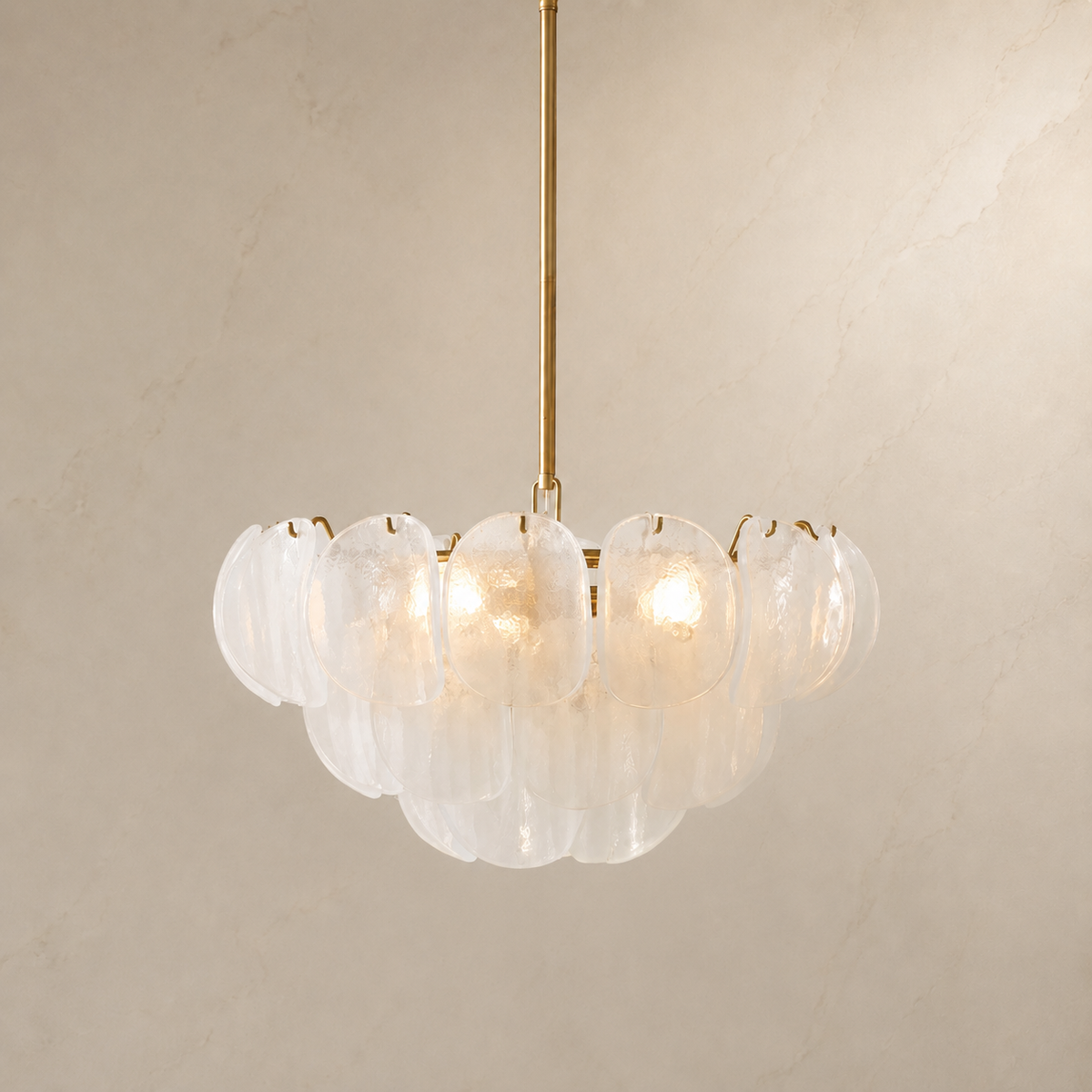 Murana Glass Petal Cluster Chandelier in gold, light on