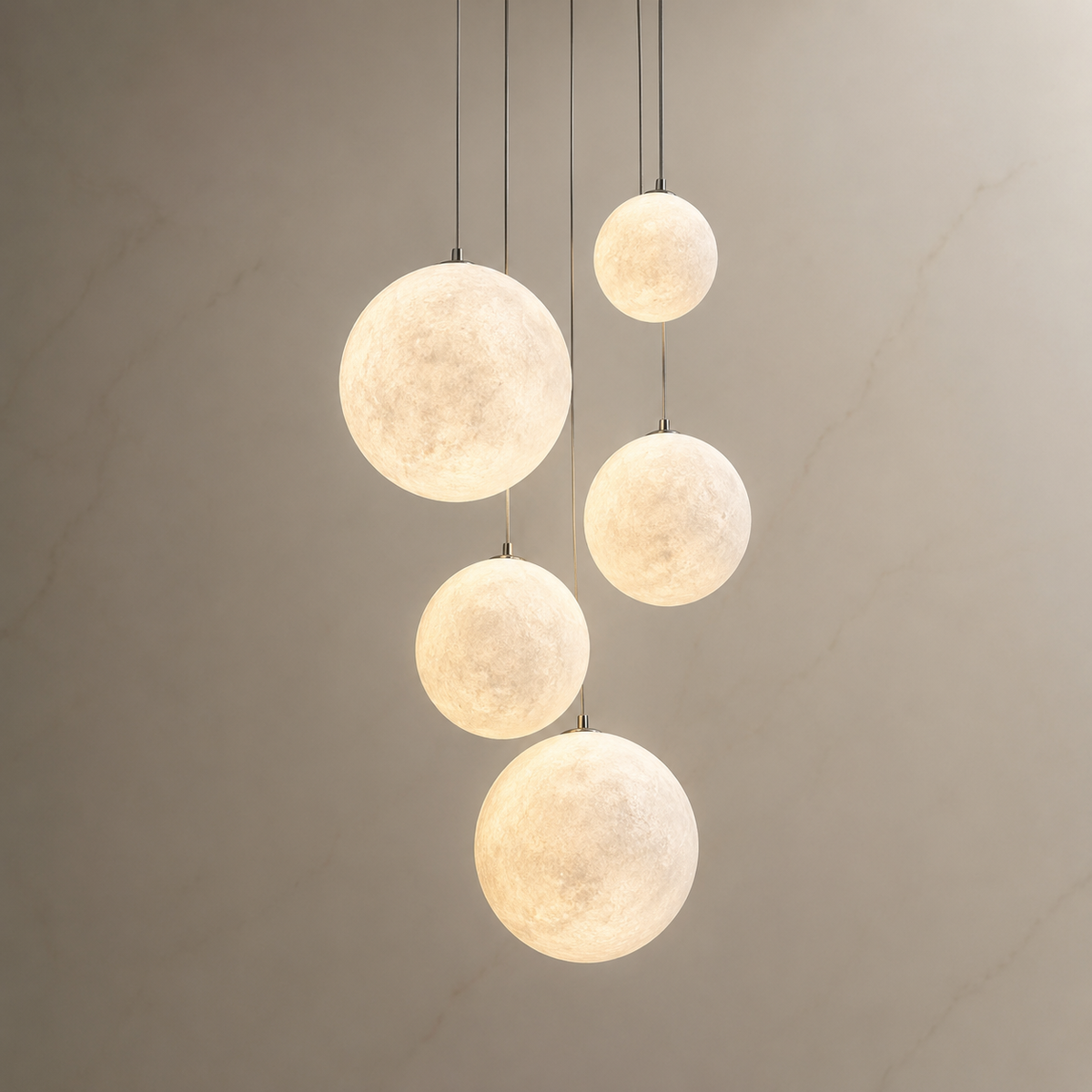 Nami glass sphere staircase chandelier, Chrome, 5-light, light on