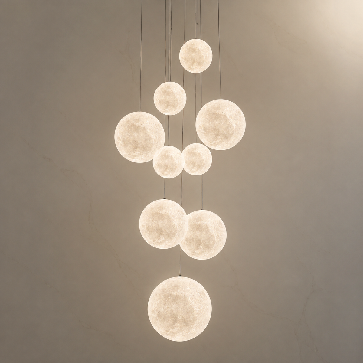 Nami glass sphere staircase chandelier, Chrome, 9-light, light on