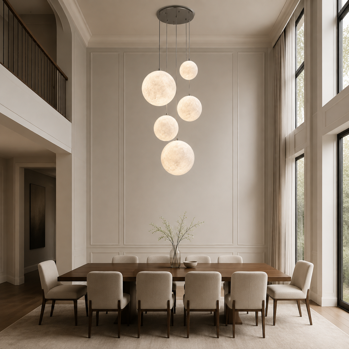 Nami glass sphere staircase chandelier in a high-ceiling dining room