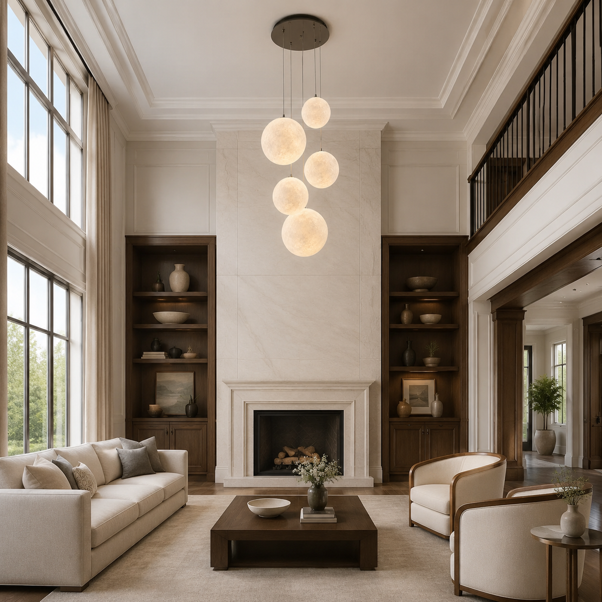 Nami glass sphere staircase chandelier in a high-ceiling living room