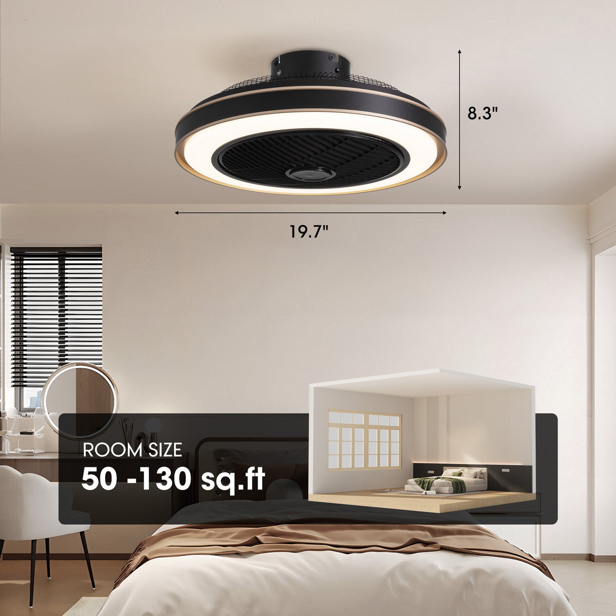 Nexa 19.7" Caged Ceiling Fan dimensions — 19.7" diameter, 8.3" height, fits rooms 50–130 sq ft, includes angled and downrod mounting options | CARRA HOME
