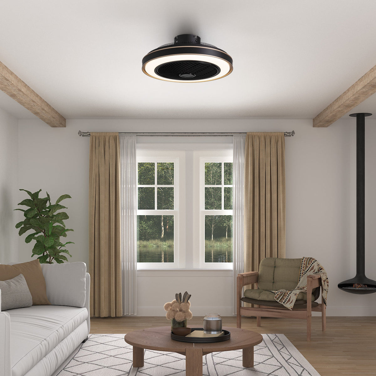Nexa LED Caged Fan installed in bright living room — complements neutral tones, large windows, and modern furniture, providing both illumination and airflow | CARRA HOME