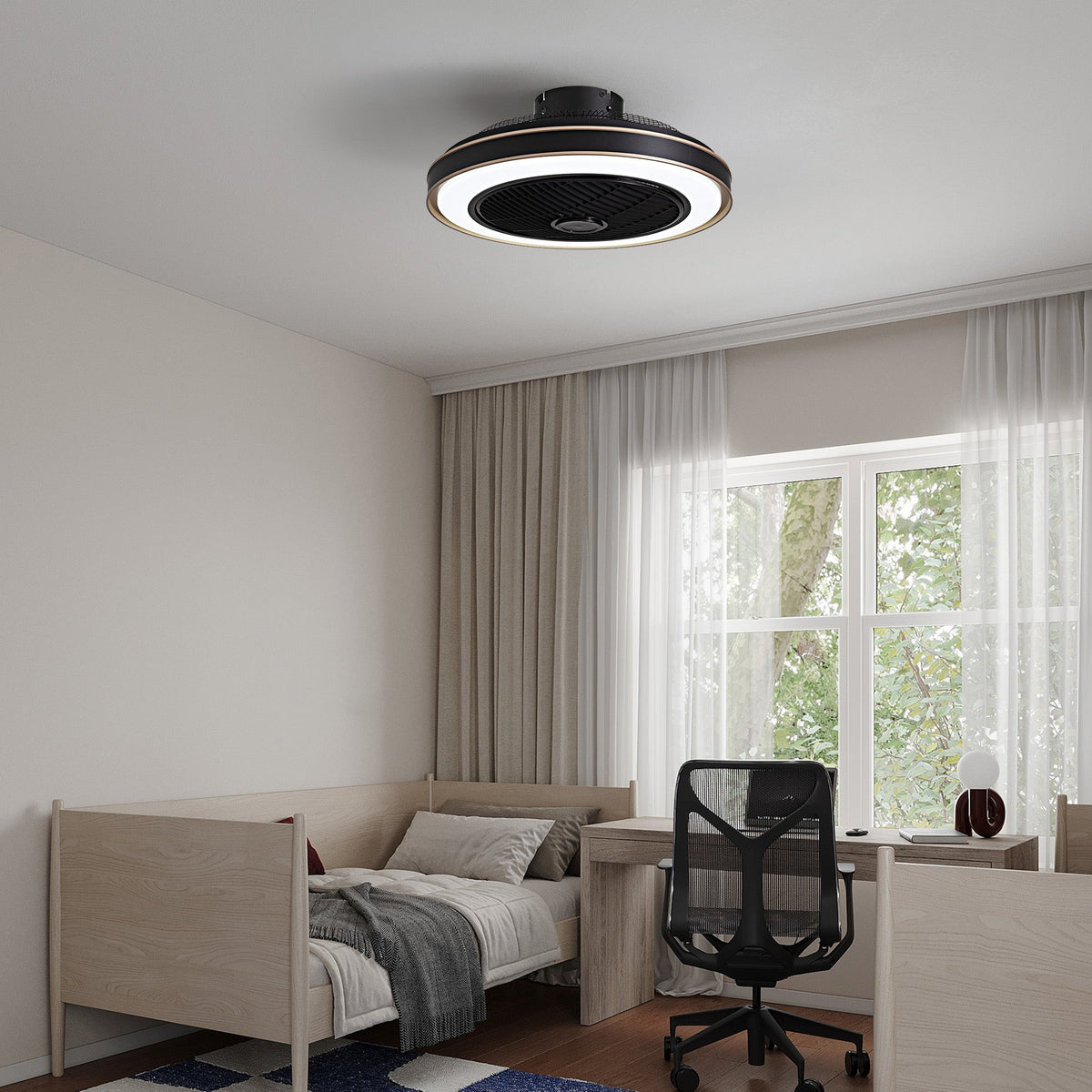 Nexa Black Caged Ceiling Fan in modern living room — stylish low-profile design, smart app control, enhances air circulation and ambient lighting for cozy home decor | CARRA HOME