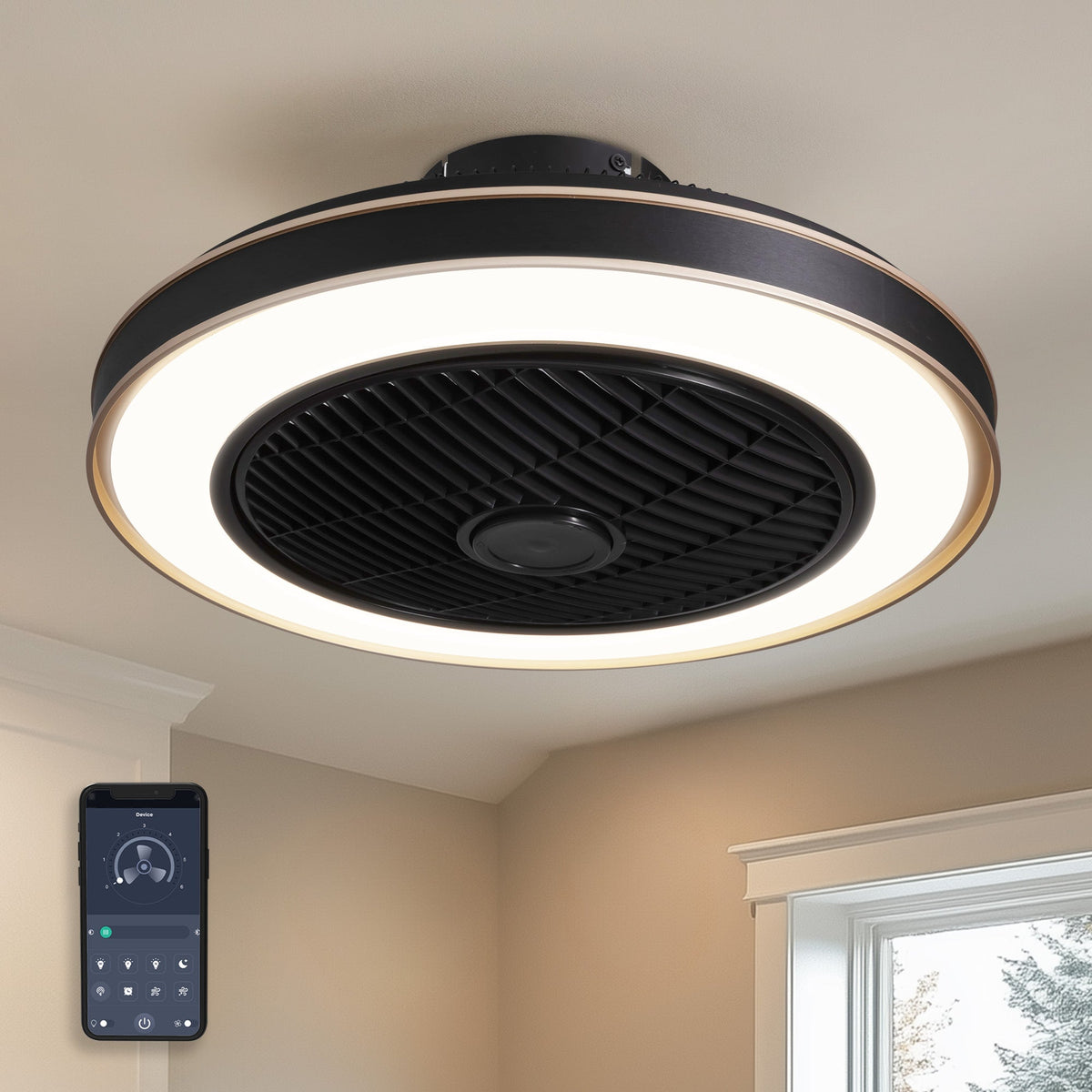 Nexa 19.7" Modern Black Low Profile Caged Ceiling Fan with LED Light — sleek iron cage design, reversible motor, remote & app control, ideal for bedrooms and living rooms | CARRA HOME