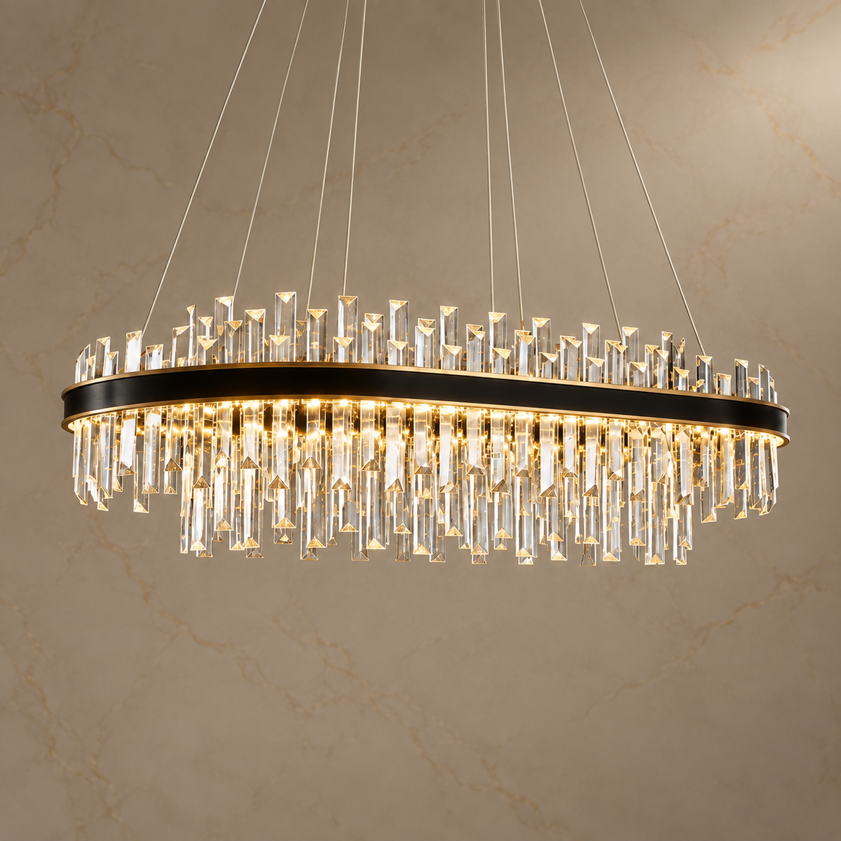 Noirelle Black Crystal Rectangular Chandelier illuminated