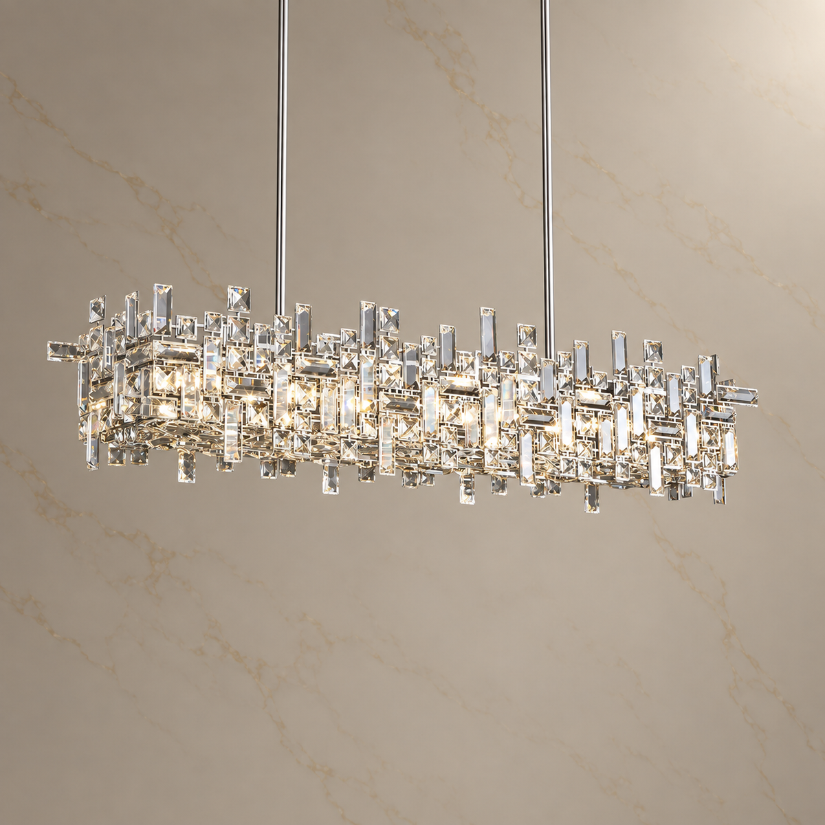 Norvyn Crystal Geometric Linear Chandelier illuminated
