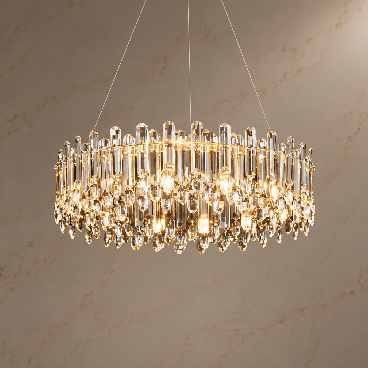 Nova Flux Gold Crystal Round Chandelier illuminated