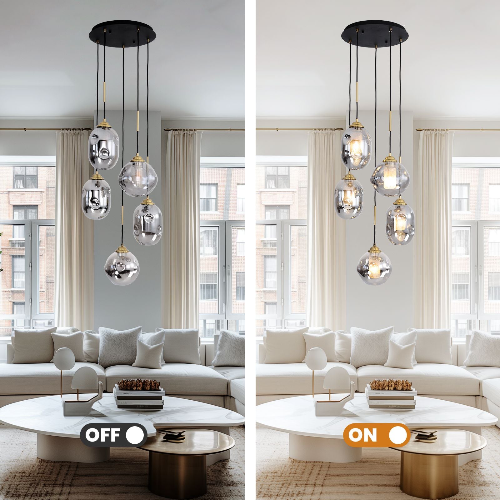 Nova Lava Glass Cascading Chandelier — OFF (left) vs ON (right) — glowing amber light through lava glass, transforming the space with warm radiance