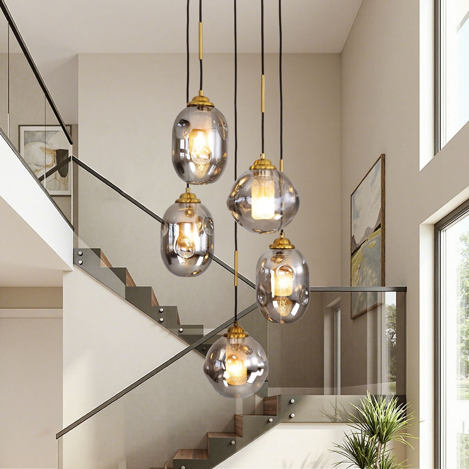 Nova Lava Glass Cascading Chandelier — modern tiered glass pendant with gold accents, black metal frame, ideal for luxury living spaces