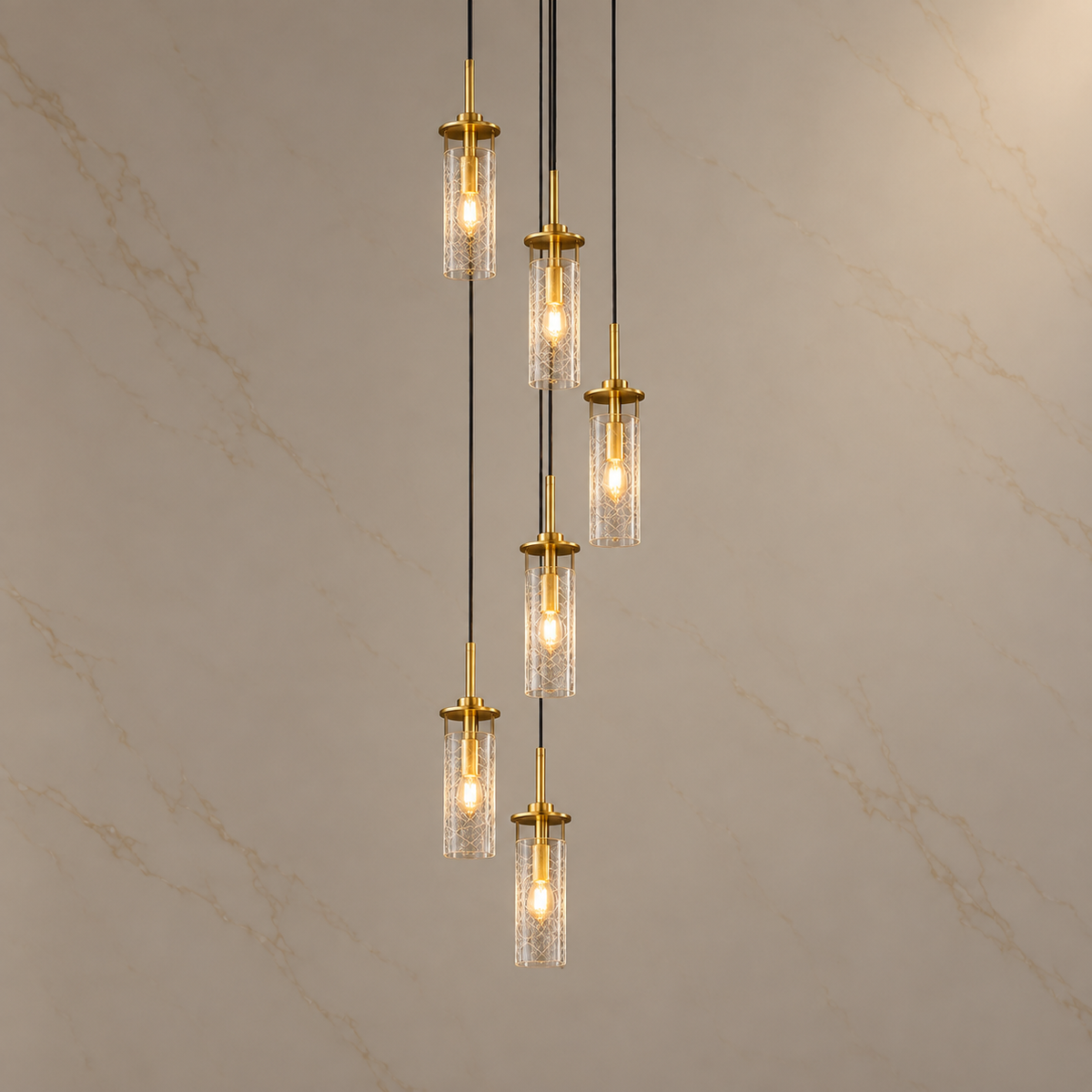 Novera Metal Six-Light Globe Chandelier with lights on