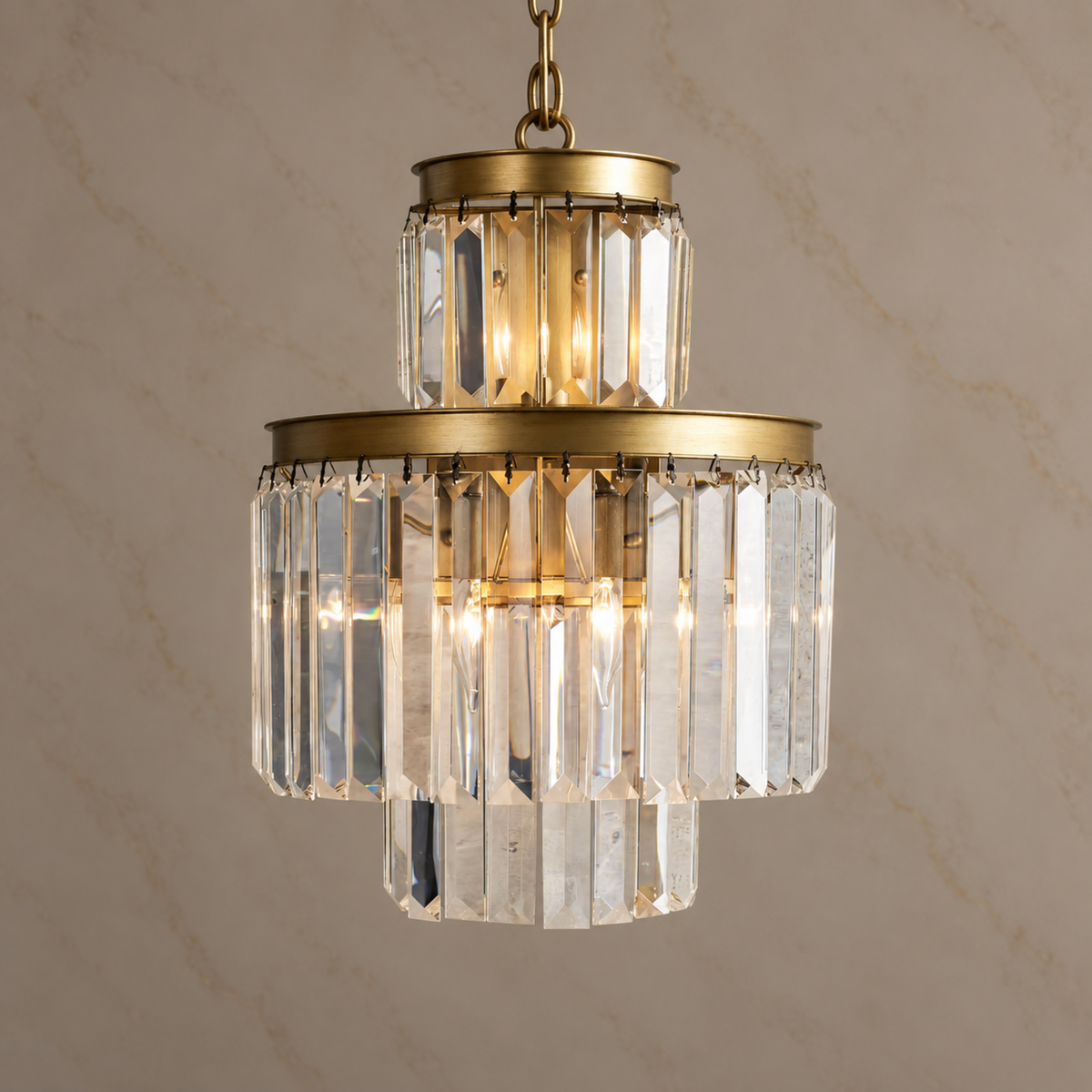 Odette K9 crystal tiered chandelier size 1 in gold, light on