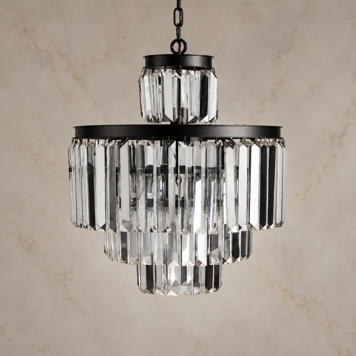 Odette K9 crystal tiered chandelier size 2 in black, light off