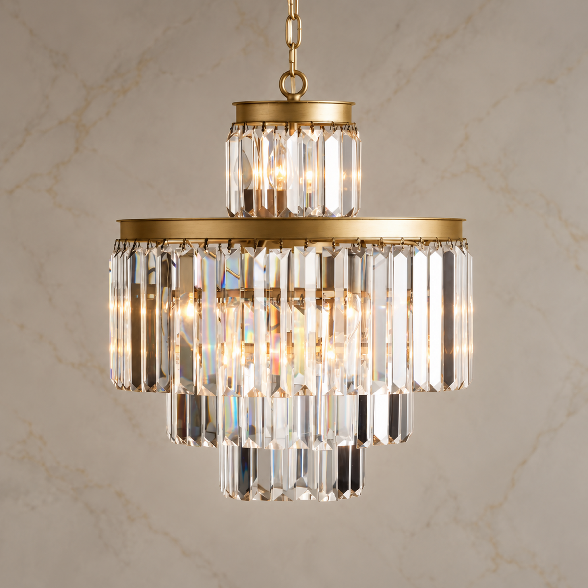 Odette K9 crystal tiered chandelier size 2 in gold, light on
