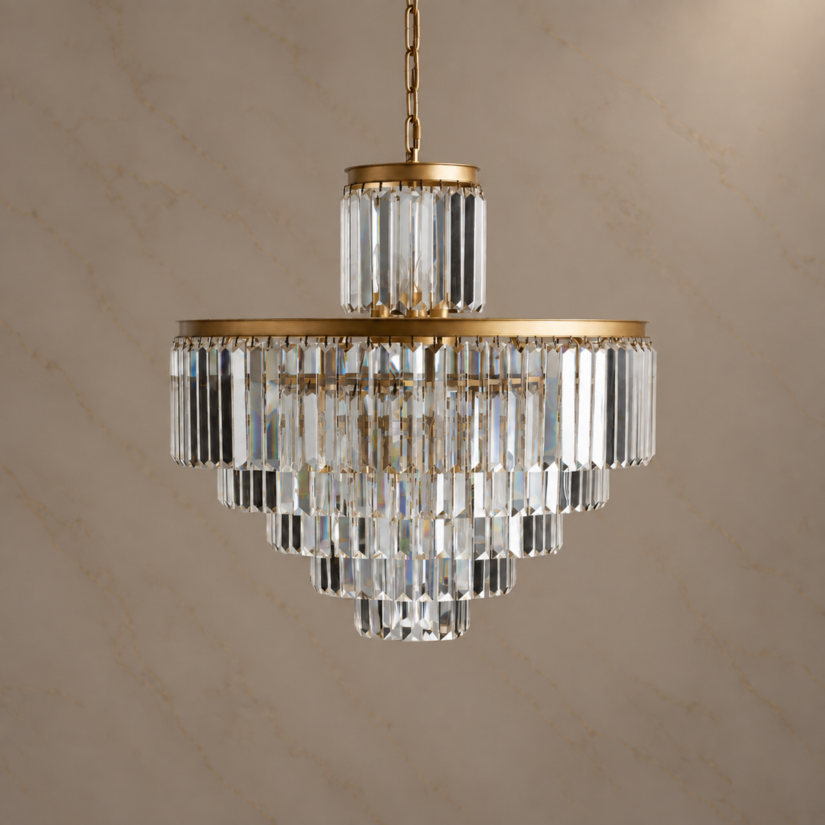 Odette K9 crystal tiered chandelier size 3 in gold, light off
