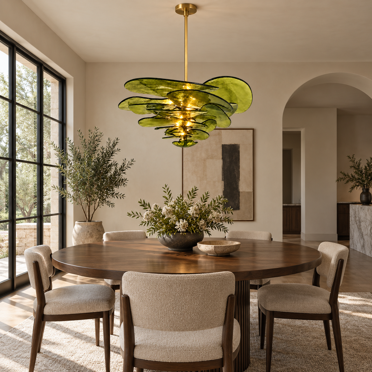 olive glass plate tiered chandelier dining room scene