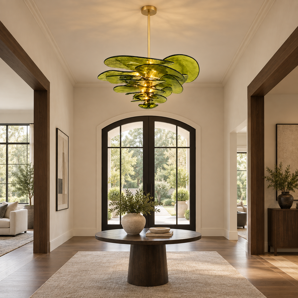 olive glass plate tiered chandelier foyer scene