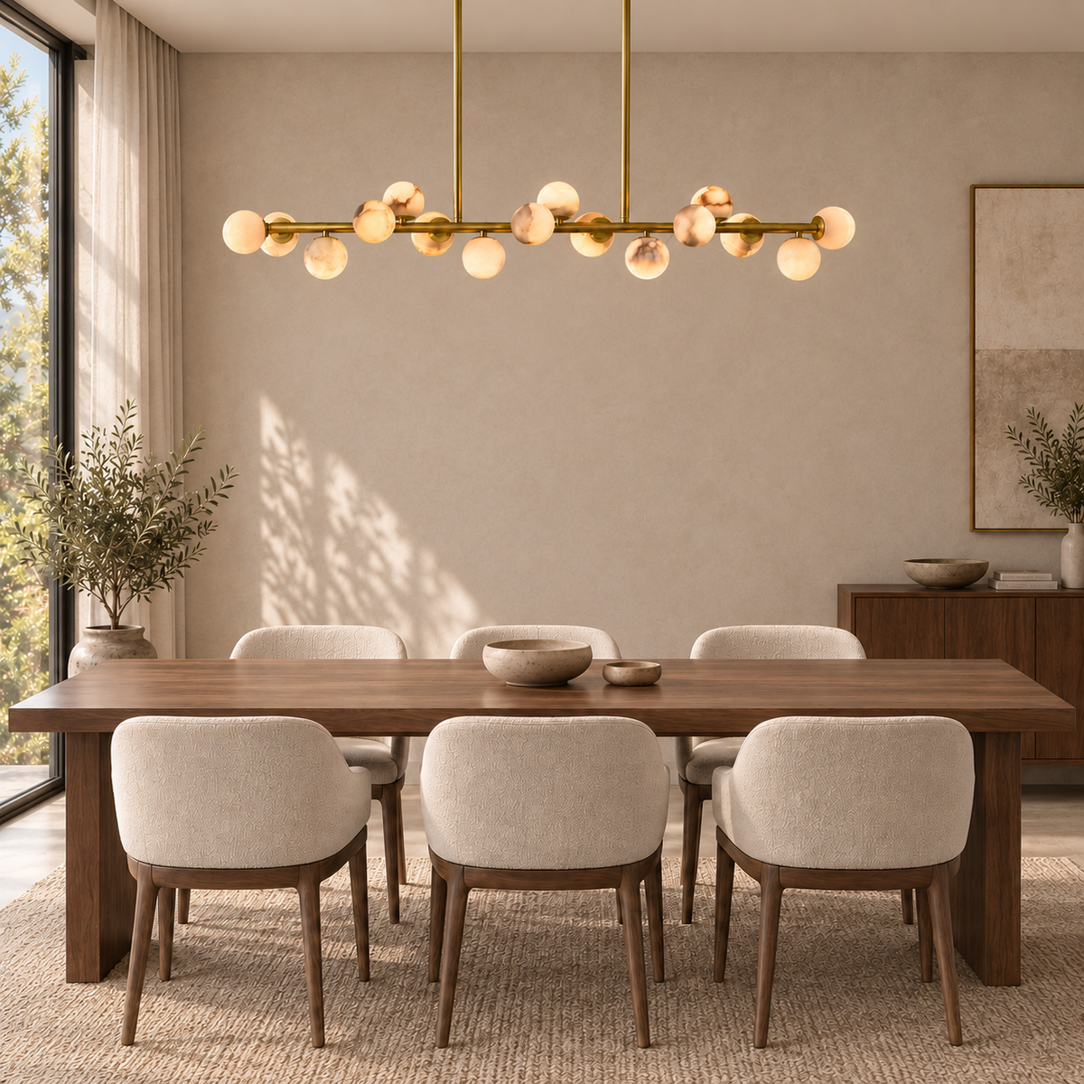 orbelia alabaster globe linear chandelier gold 140cm dining room walnut