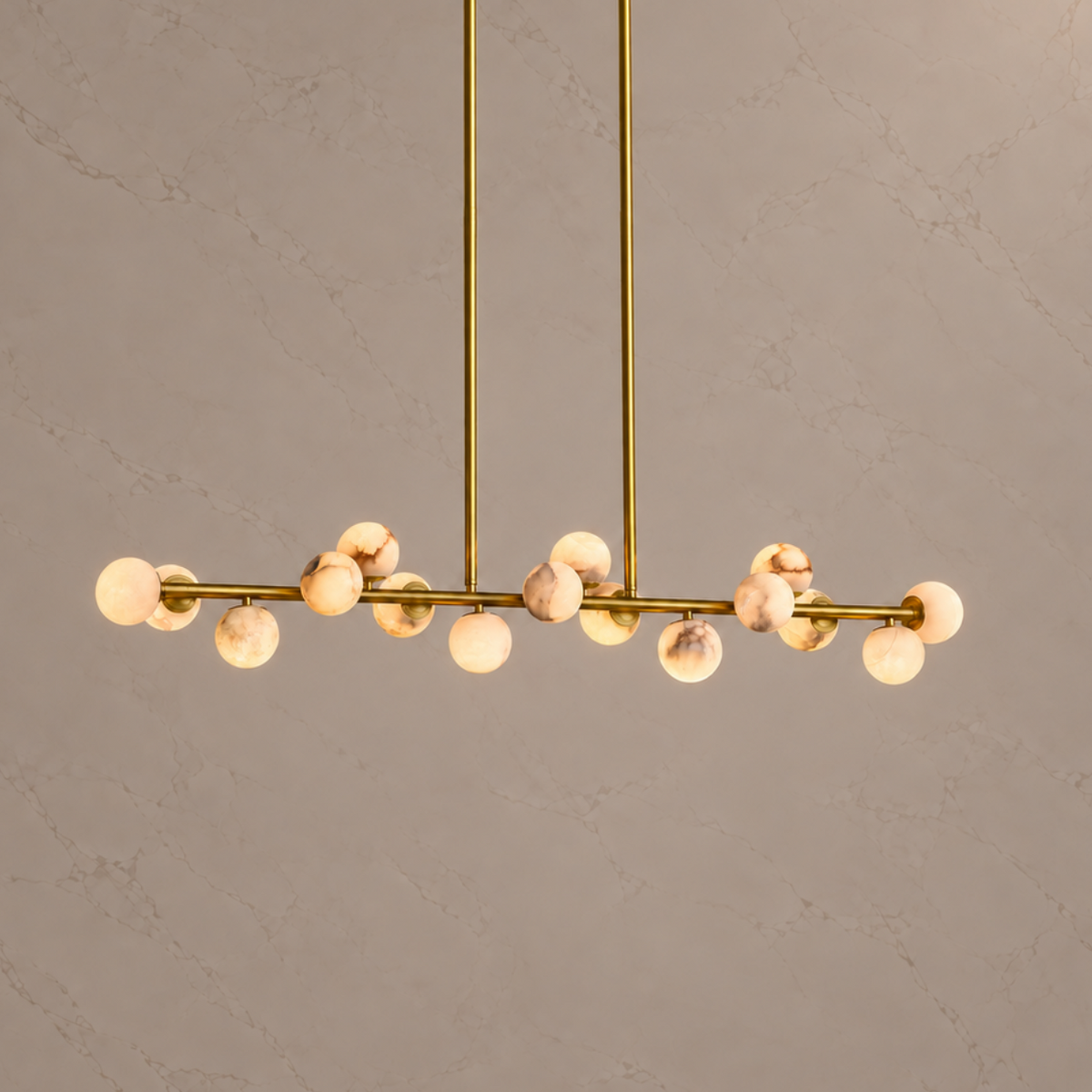 orbelia alabaster globe linear chandelier gold 140cm light on