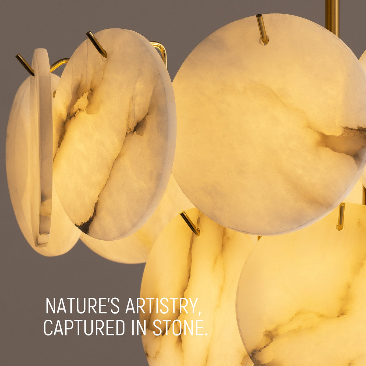 Orlisse Alabaster Double-Tier Chandelier with lights on