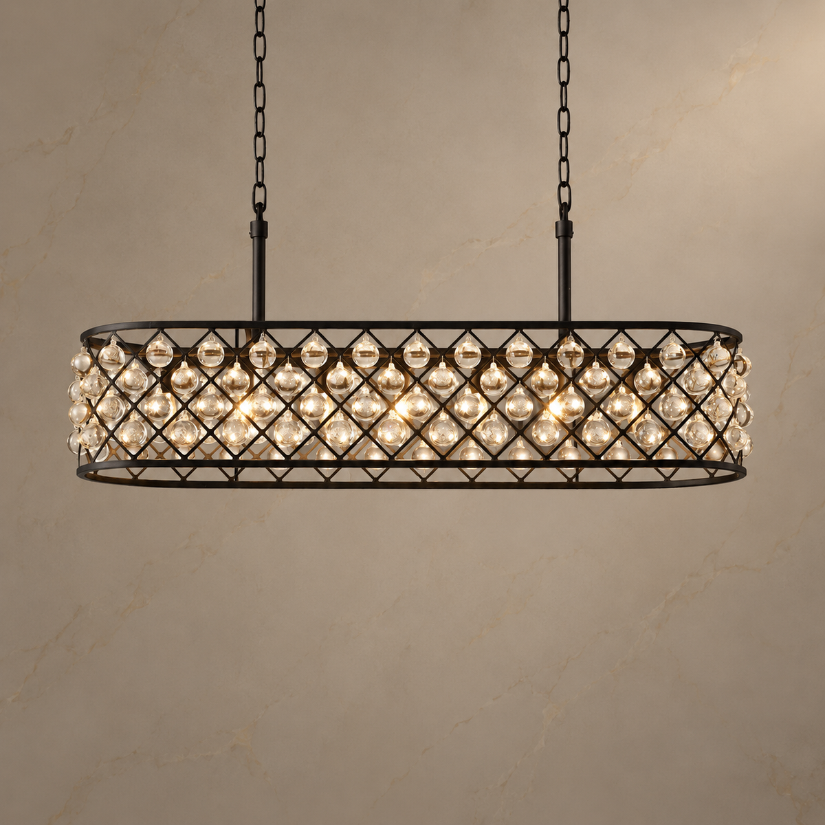 Orvian Industrial Black K9 Crystal Chandelier illuminated