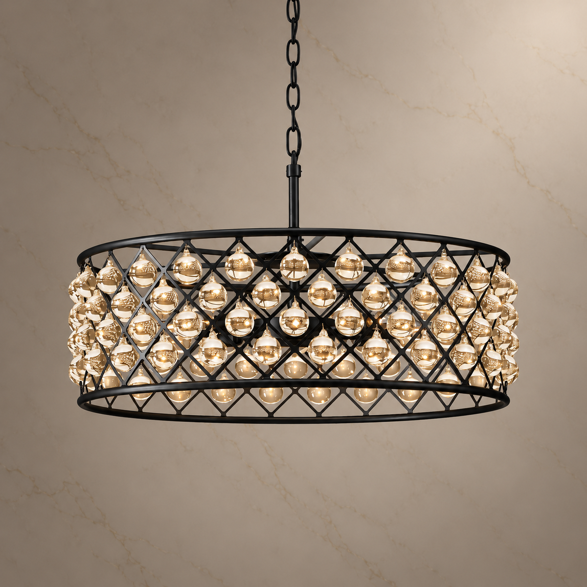 Orvian Vintage Black K9 Crystal Chandelier illuminated