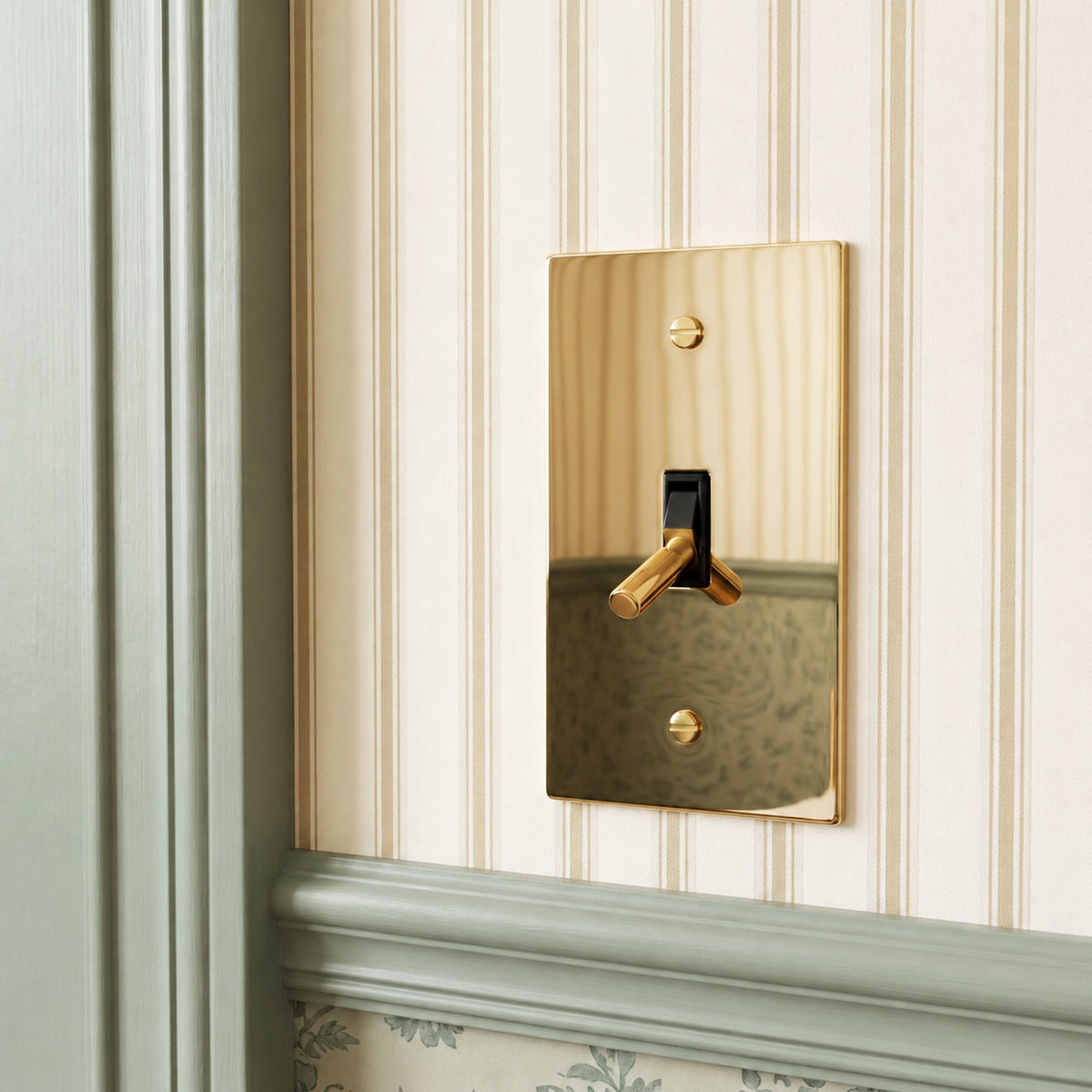 Polished Brass Toggle Switch installed in an interior, view 7 — seamless faceplate | CARRA HOME