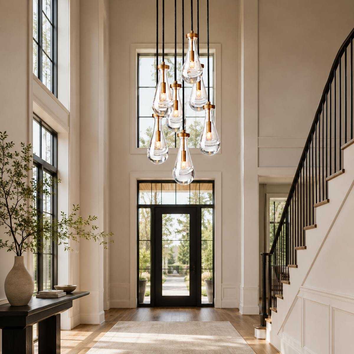 Raindrop Glass Round Chandelier double height foyer