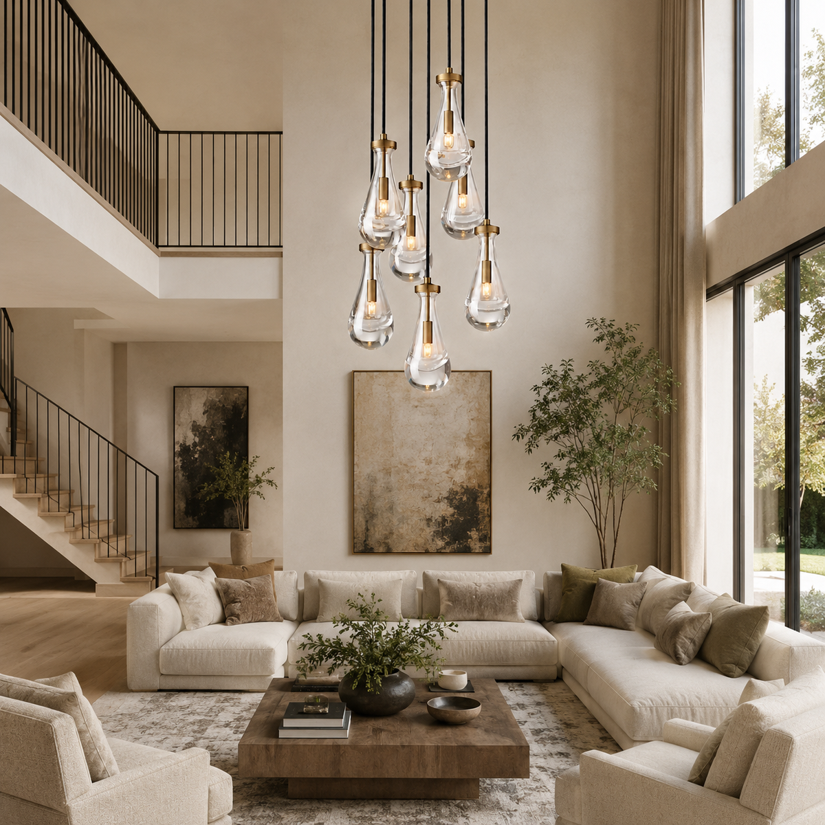 Raindrop Glass Round Chandelier double height living room