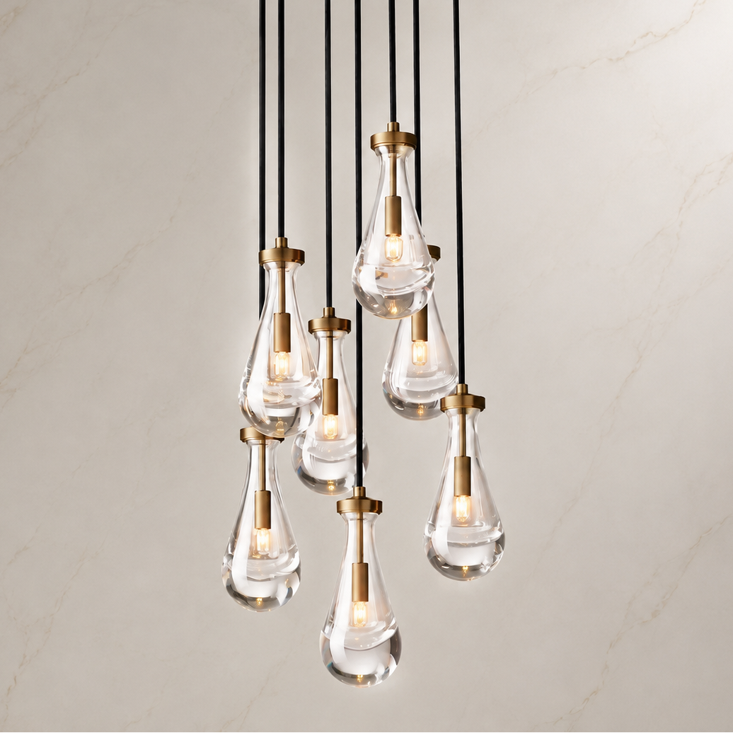 Raindrop Glass Round Chandelier illuminated
