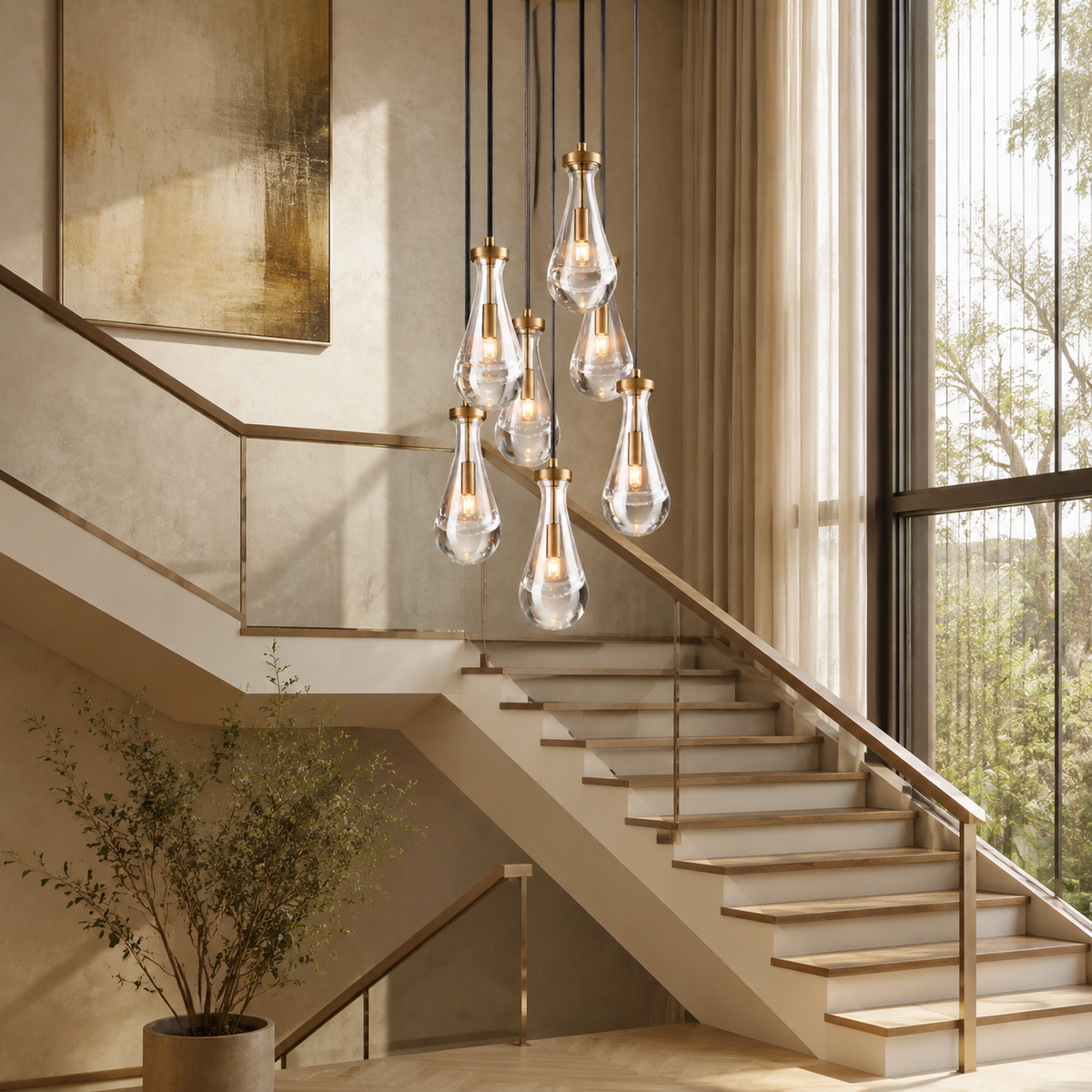 Raindrop Glass Round Chandelier staircase
