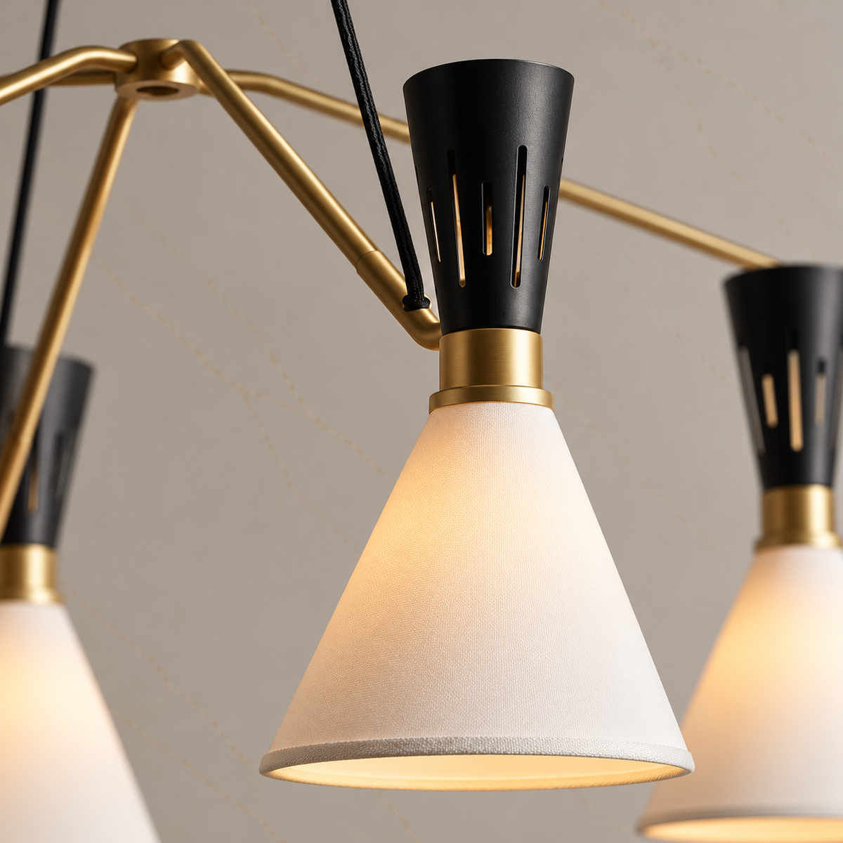Ramsey black slotted socket, white fabric shade and satin brass branch close-up | CARRA HOME