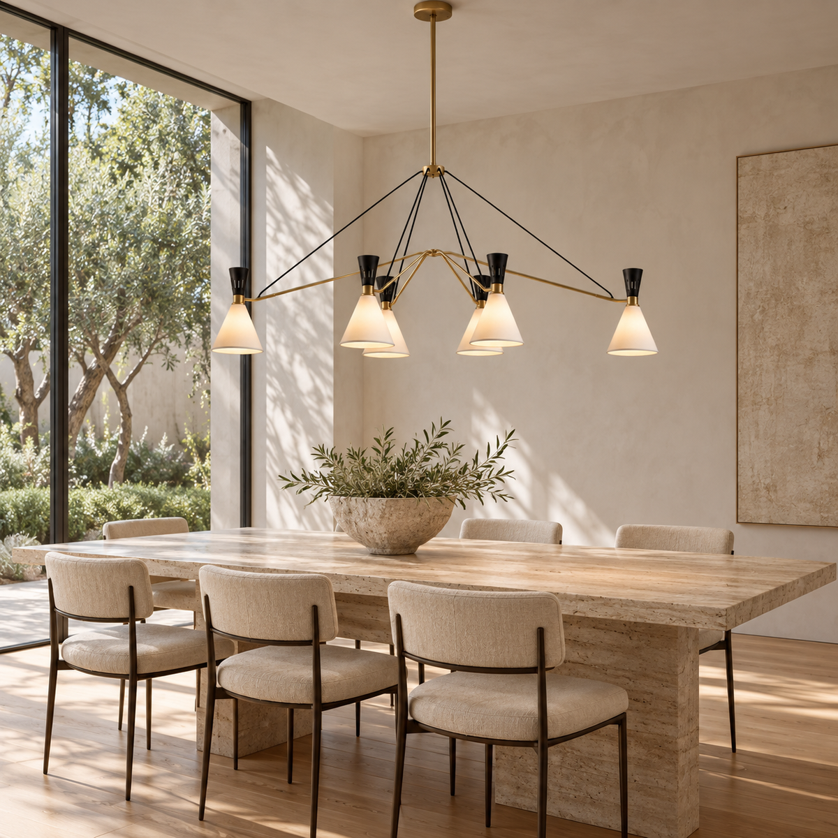 Ramsey linear chandelier over a travertine dining table in a bright modern dining room | CARRA HOME