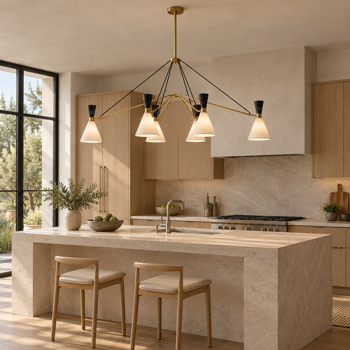 Ramsey linear chandelier over a light limestone kitchen island | CARRA HOME