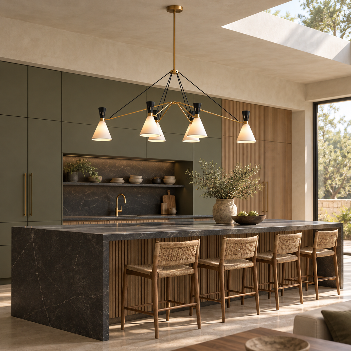 Ramsey linear chandelier above a dark soapstone kitchen island | CARRA HOME