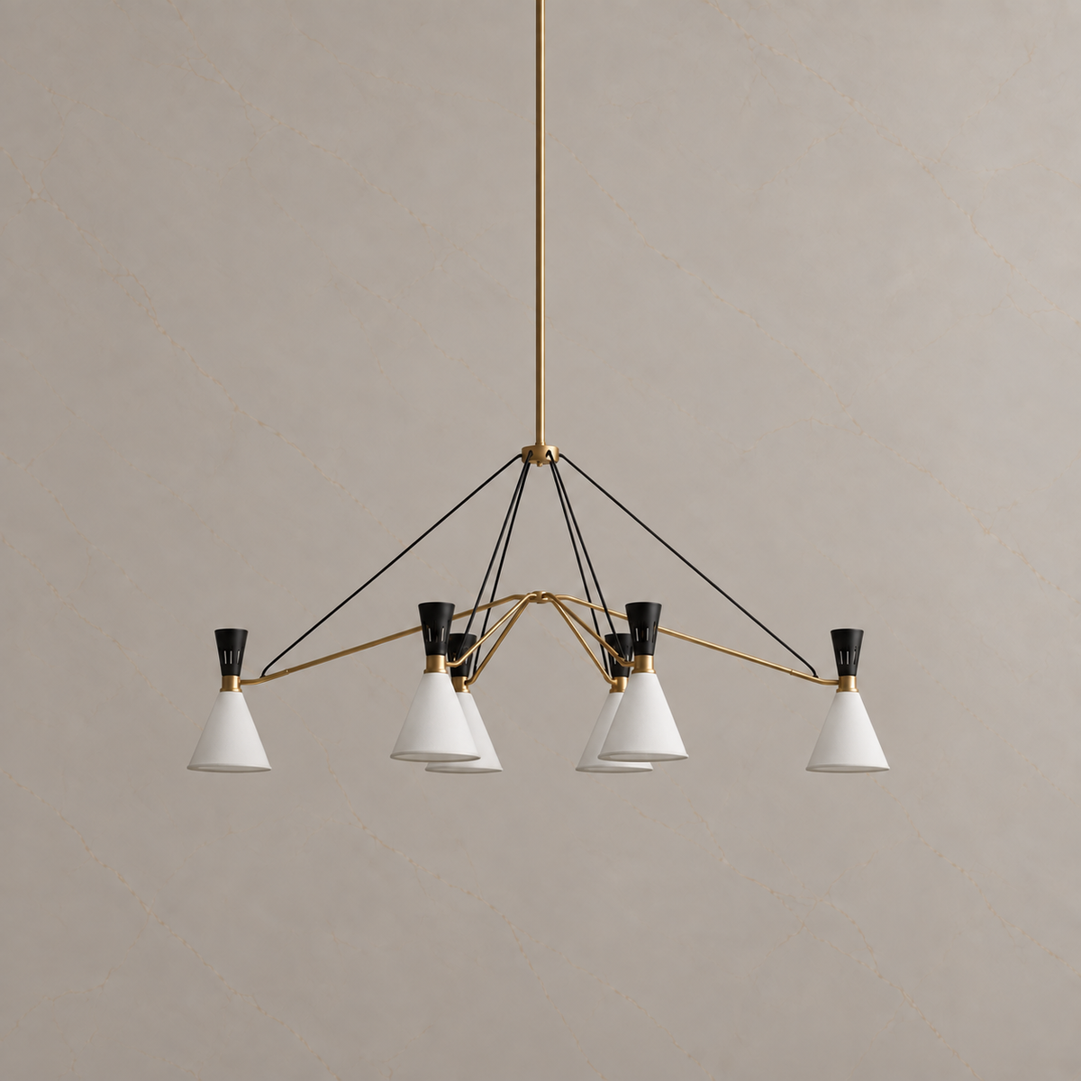Ramsey six-light satin brass linear chandelier unlit, matching catalog front view | CARRA HOME